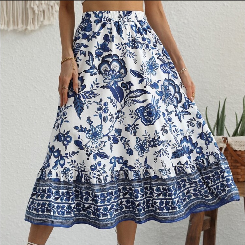 Boho Floral Print High Waist Maxi Skirt White Blue Cottagecore - Picture 1 of 6